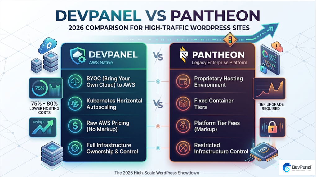 A detailed comparison infographic of DevPanel vs Pantheon for 2026, highlighting DevPanel's AWS-native BYOC and Kubernetes autoscaling versus Pantheon's fixed container tiers and proprietary environment.