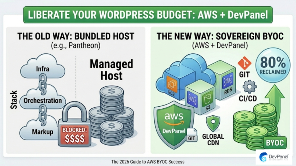 Infographic comparing managed WordPress hosting constraints (labeled 'OLD WAY') against the automated sovereignty of BYOC on AWS (labeled 'NEW WAY'). The image illustrates unbundling infrastructure components to reclaim 80% of the budget. Reduce WordPress hosting costs with devpanel