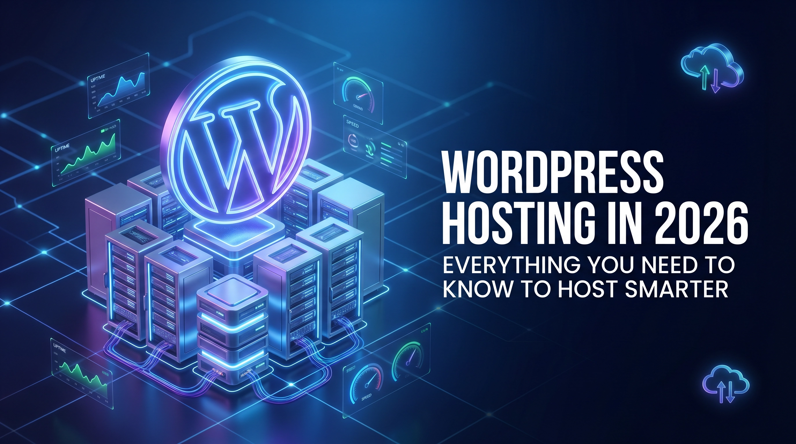 Futuristic 3D server racks with a glowing WordPress logo and the text "WordPress Hosting in 2026: Everything You Need to Know to Host Smarter" on a dark blue background.