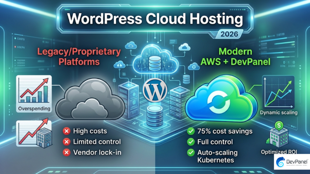 A comparison infographic between legacy proprietary platforms and modern WordPress cloud hosting on AWS with DevPanel, highlighting 75% cost savings and auto-scaling Kubernetes features.