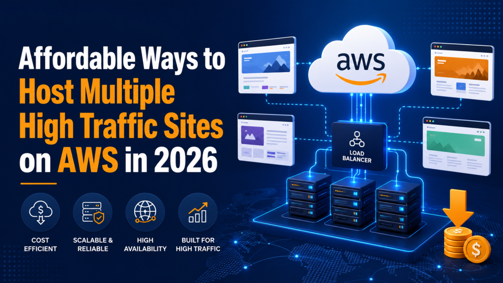 Illustration of multiple high-traffic websites connected through AWS cloud infrastructure, load balancing, scalable servers, and cost-saving hosting architecture.