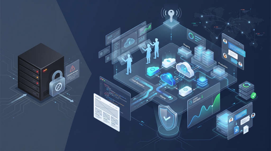 An isometric illustration shows a WordPress development and deployment pipeline on a Platform-as-a-Service, demonstrating why owning your cloud infrastructure beats managed platforms in 2026 for reliability, cost control, and security