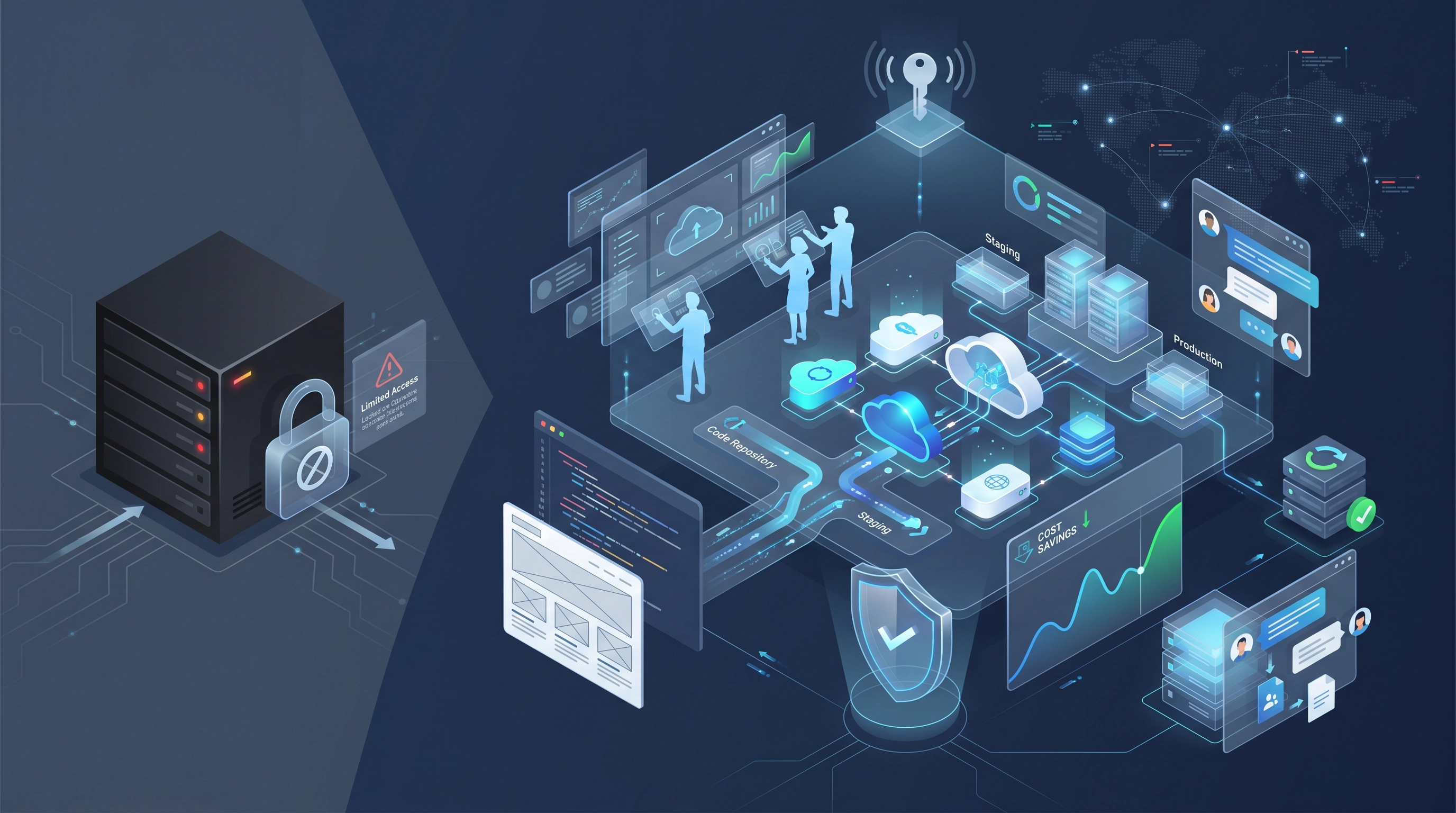 An isometric illustration shows a WordPress development and deployment pipeline on a Platform-as-a-Service, demonstrating why owning your cloud infrastructure beats managed platforms in 2026 for reliability, cost control, and security