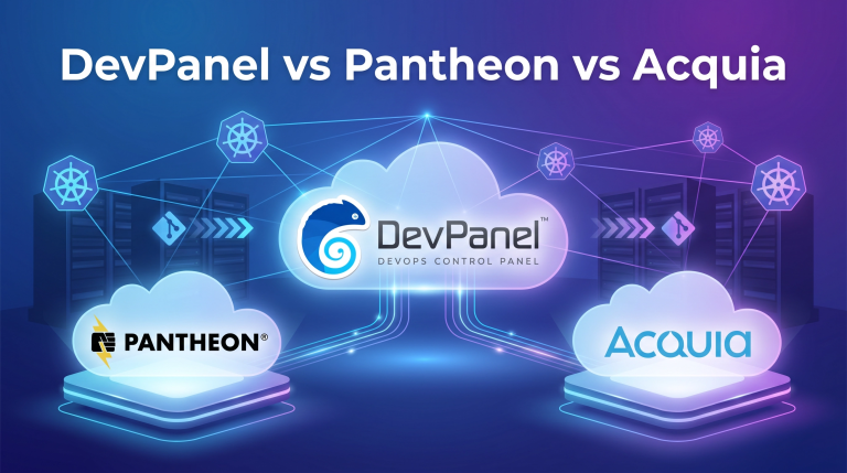 DevPanel vs Pantheon vs Acquia comparison featured image showing DevPanel as a central cloud orchestration platform connected to Pantheon and Acquia WebOps environments.