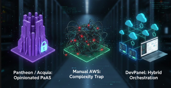 Best Pantheon Alternatives for Enterprise WordPress Site Management in 2026 11 Infographic comparing Opinionated PaaS vs Manual AWS vs DevPanel Hybrid Orchestration for enterprise CMS hosting