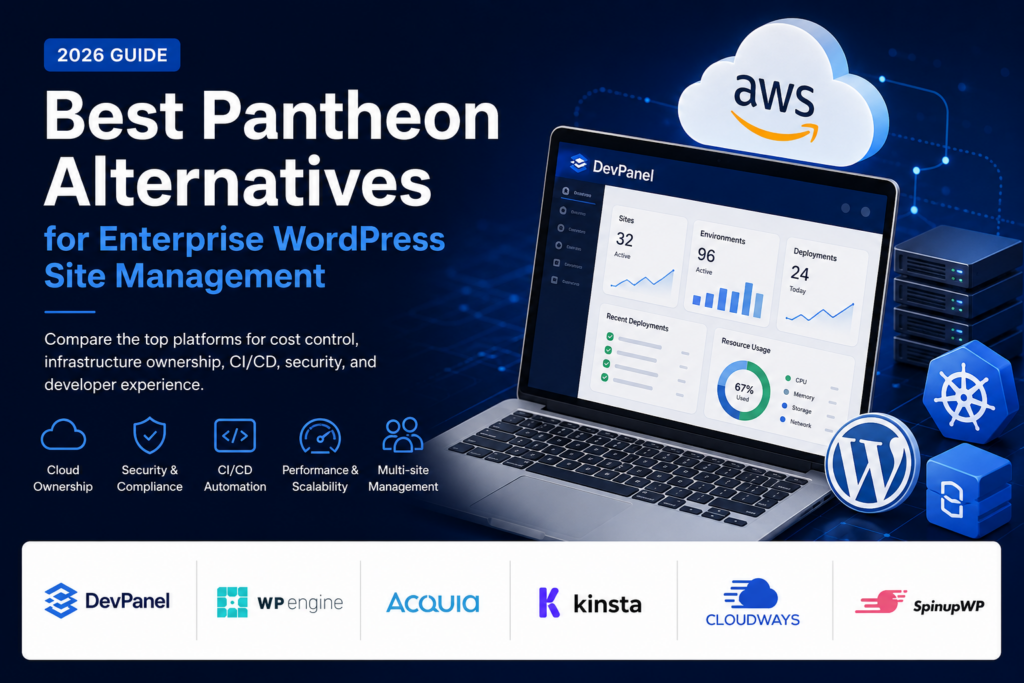 Best Pantheon Alternatives for Enterprise WordPress Site Management in 2026 1 Best Pantheon alternatives for enterprise WordPress site management showing DevPanel, AWS cloud ownership, CI/CD automation, security, and multi-site management.