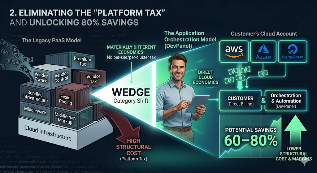 Technical infographic illustrating how DevPanel eliminates the 'Platform Tax' to unlock 60–80% savings. The left side depicts a chaotic, layered legacy PaaS model labeled with 'HIGH STRUCTURAL COST (Platform Tax)'. The right side shows a smiling professional man on a tablet managing a transparent DevPanel orchestration model. A stylized chart prominently displays 'POTENTIAL SAVINGS 60–80%', alongside a bold, upward-pointing arrow labeled 'LOWER STRUCTURAL COST & MARGINS'. The central wedge illustrates the 'Category Shift'.