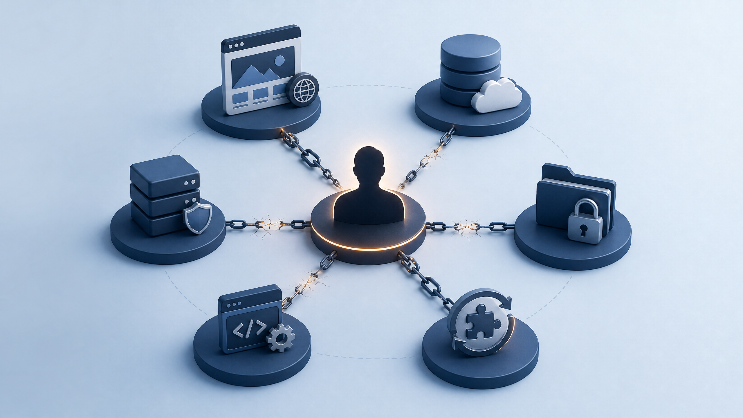 WordPress Hosting Is Cheap. WordPress Operations Are Not. 3 Illustration of a fragile WordPress workflow depending on one person with broken links around backups, deployments, and access.