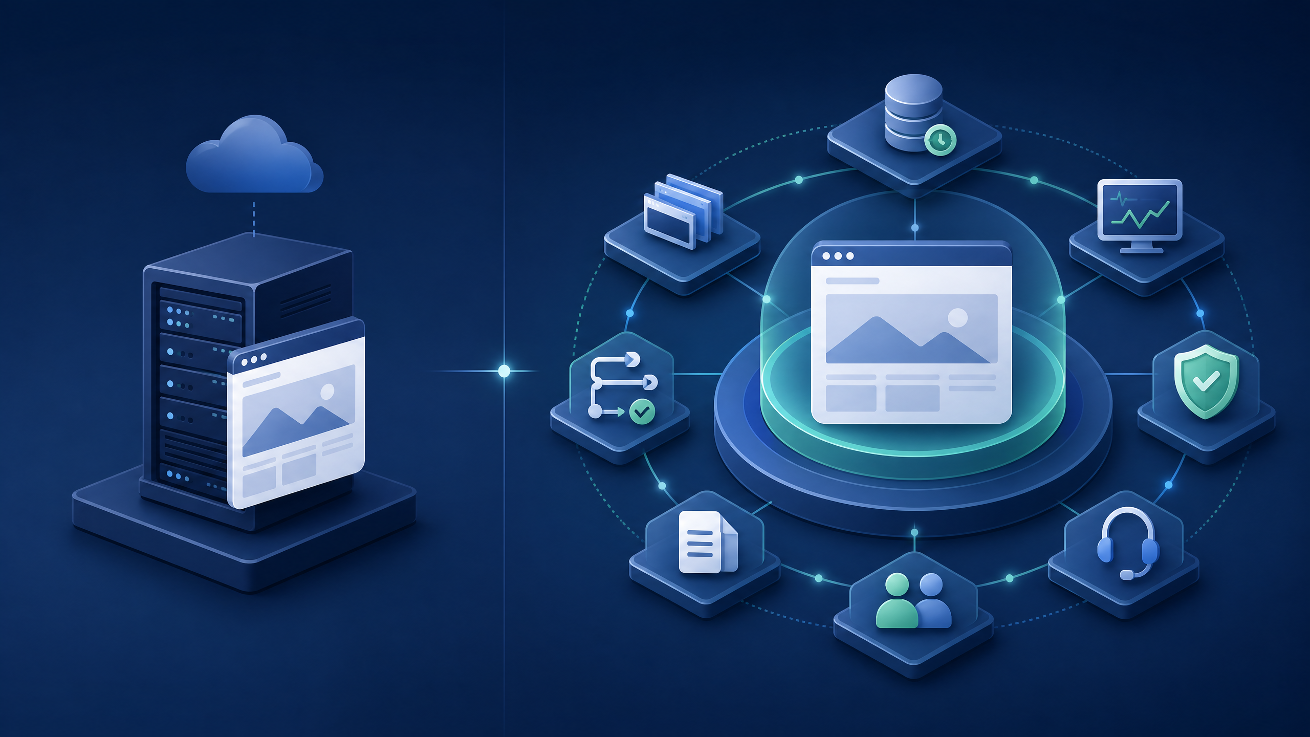 WordPress Hosting Is Cheap. WordPress Operations Are Not. 2 Side-by-side conceptual visual comparing basic hosting infrastructure with a complete WordPress operations layer.