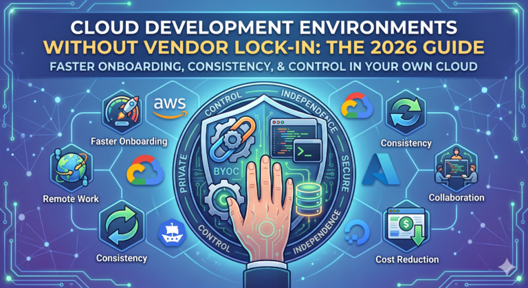Infographic diagram demonstrating Bring Your Own Cloud (BYOC) Cloud Development Environments (CDE) with icons for faster onboarding, remote work, consistency, cost reduction, and collaboration alongside AWS, Azure, Google Cloud, and DigitalOcean logos surrounding a central shield representing control and independence.