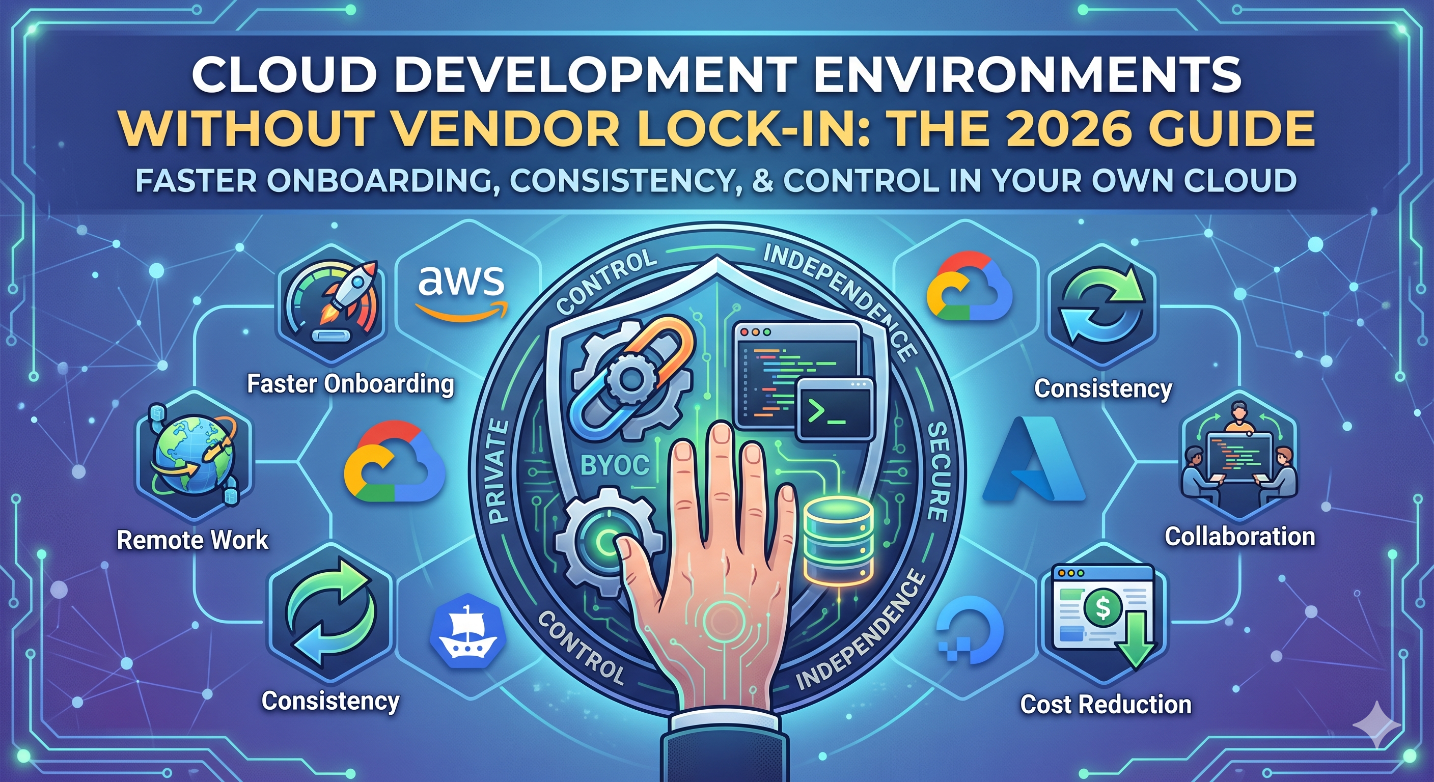 Infographic diagram demonstrating Bring Your Own Cloud (BYOC) Cloud Development Environments (CDE) with icons for faster onboarding, remote work, consistency, cost reduction, and collaboration alongside AWS, Azure, Google Cloud, and DigitalOcean logos surrounding a central shield representing control and independence.
