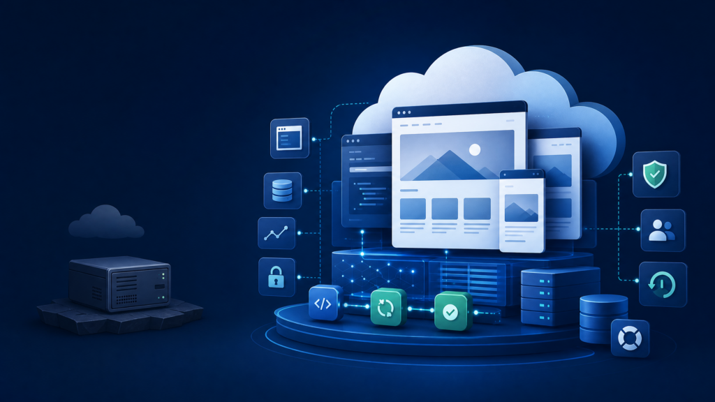 WordPress Hosting Is Cheap. WordPress Operations Are Not. 1 Abstract illustration of WordPress hosting costs versus operational continuity with cloud, backups, staging, monitoring, and security elements