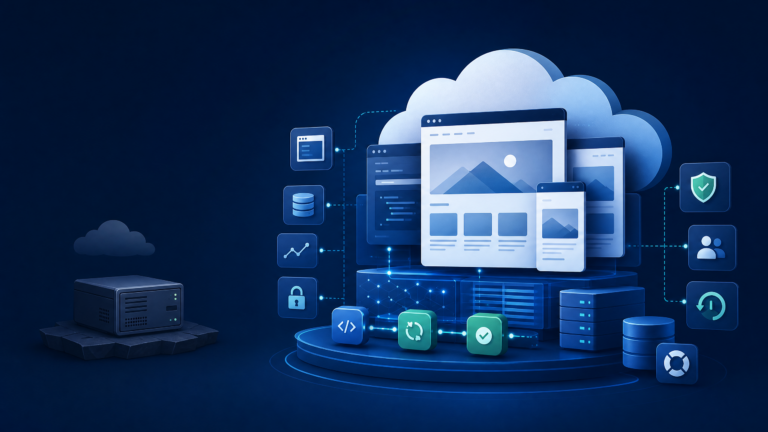 Abstract illustration of WordPress hosting costs versus operational continuity with cloud, backups, staging, monitoring, and security elements