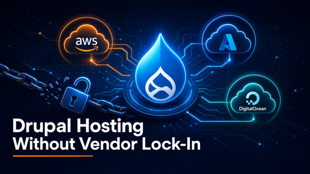 Drupal hosting without vendor lock-in — Drupal connected to AWS, Azure, and DigitalOcean clouds with a broken chain symbolizing freedom from vendor lock-in