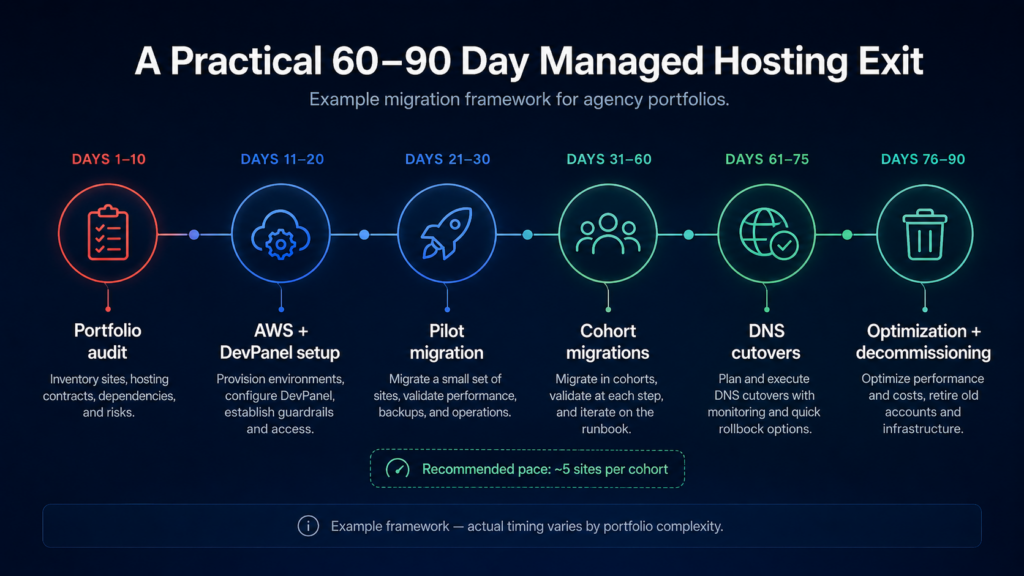 The 'Managed Hosting Exit' of 2026: Agency Margin Recovery on Pantheon vs AWS vs AWS + DevPanel 8 Example 60-to-90-day roadmap for migrating an agency website portfolio from Pantheon to AWS with DevPanel.