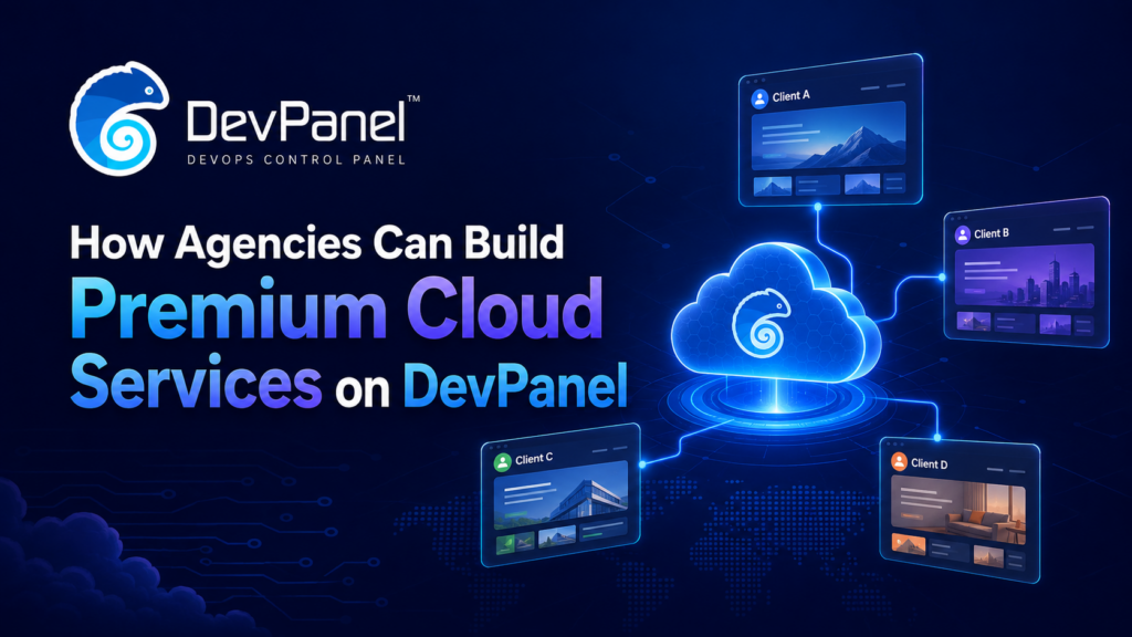 DevPanel featured image showing a cloud platform connected to multiple client environments, representing premium cloud services for agencies.