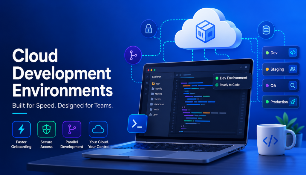 Illustration of a laptop with a cloud-based code editor, connected to development, staging, QA, and production environments.