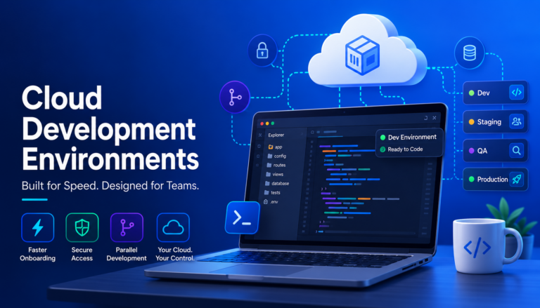 Illustration of a laptop with a cloud-based code editor, connected to development, staging, QA, and production environments.