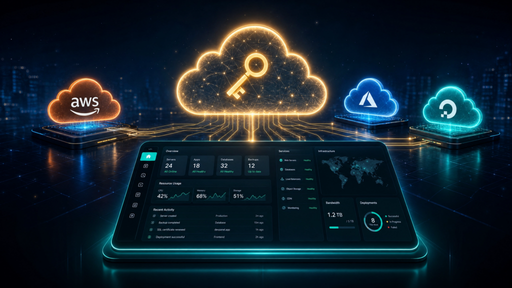 A glowing cloud with a golden key symbol at the center, flanked by AWS, Azure, and DigitalOcean cloud provider icons connected by circuit lines, above a DevPanel infrastructure management dashboard on a dark navy background.