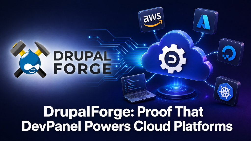 DrupalForge logo connected to a DevPanel cloud platform with AWS, Azure, DigitalOcean, Kubernetes, and developer tools, showing how DevPanel powers vertical cloud platforms.