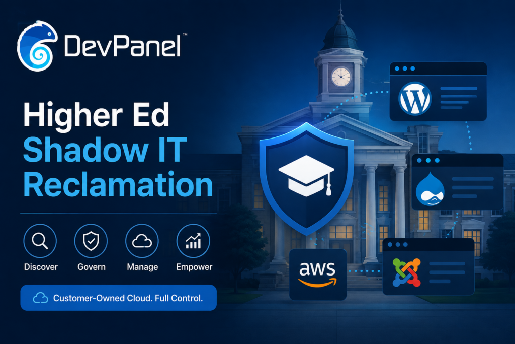 DevPanel featured image showing a university campus, governance shield, and CMS platforms representing higher ed shadow IT reclamation and customer-owned cloud control.