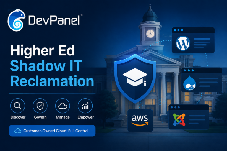DevPanel featured image showing a university campus, governance shield, and CMS platforms representing higher ed shadow IT reclamation and customer-owned cloud control.