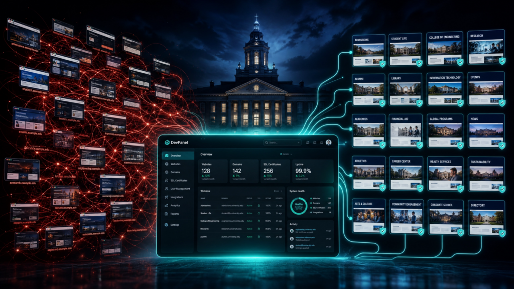How Higher Ed IT Teams Eliminate Subdomain & Departmental Website Sprawl 1 A split-composition hero image showing chaotic red-glowing university subdomains and shadow IT websites on the left, a university building silhouette in the center background, and neatly organized, teal-checkmarked departmental websites on the right, all unified through a DevPanel cloud management dashboard.