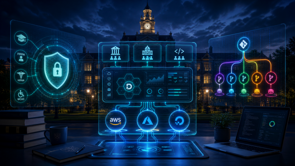The Ultimate Guide to Higher Ed Web Hosting: Security, Scalability, and Cloud Governance 1 A cinematic hero image showing a grand illuminated university clock tower at twilight, with a holographic three-tier architecture display in the foreground featuring Departments and Agencies at the top, a DevPanel orchestration dashboard in the middle, and AWS, Azure, and DigitalOcean cloud provider orbs at the bottom connected by glowing teal circuit lines, flanked by a FERPA, HIPAA, and WCAG security compliance shield on the left and a colorful Git branch development environment tree on the right.