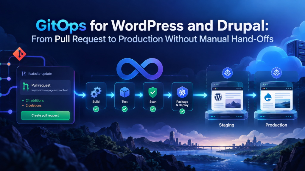 GitOps workflow for WordPress and Drupal showing automated build, testing, security scanning, staging, and production deployment from a pull request.
