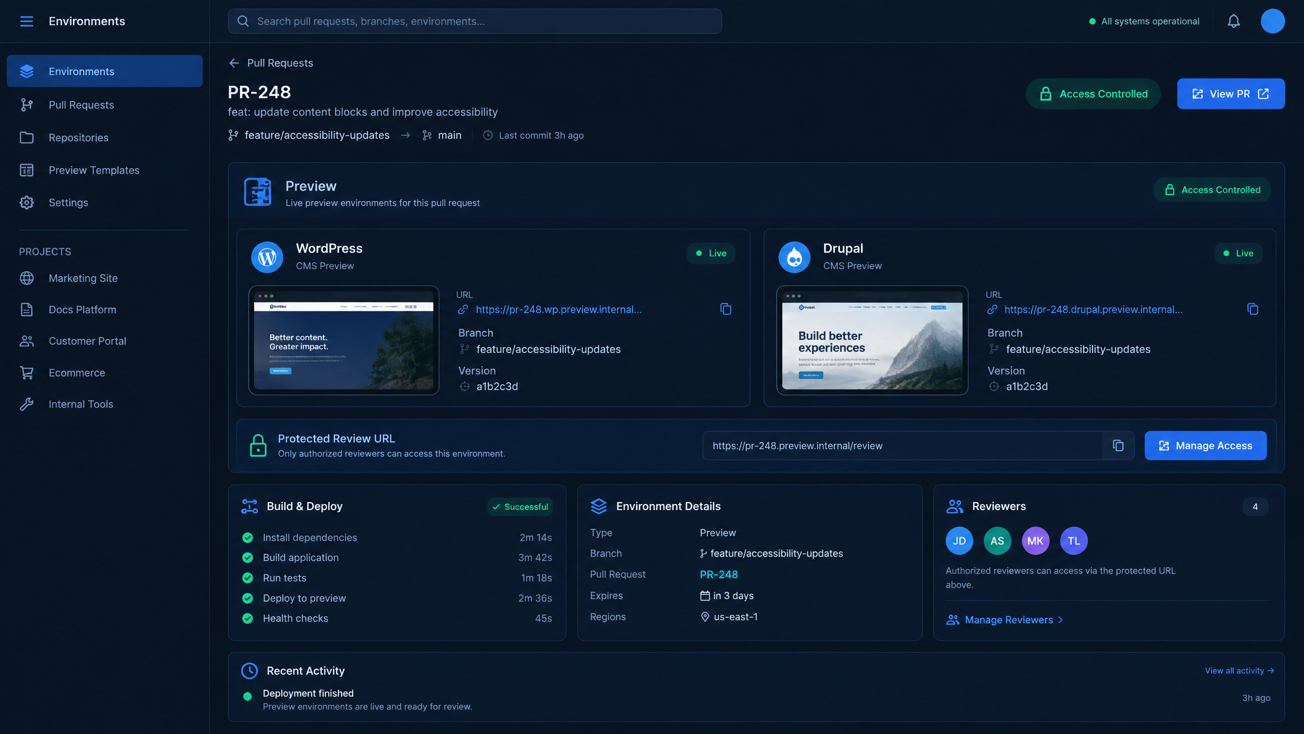 Secure Preview Environments for WordPress and Drupal 3 Secure branch preview workspace for WordPress and Drupal with controlled access and review status.