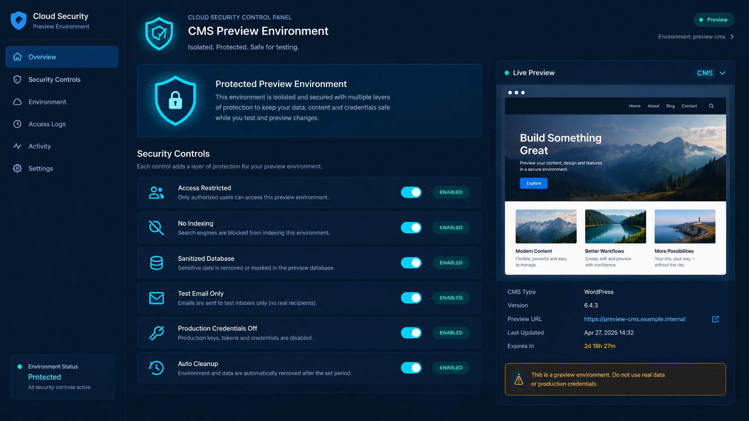 Secure Preview Environments for WordPress and Drupal 4 Preview security control panel showing restricted access, no indexing, sanitized data, test email, and automatic cleanup settings.