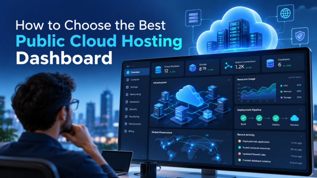Illustration of a public cloud hosting dashboard managing applications, deployments, and cloud infrastructure across AWS, Azure, and DigitalOcean.