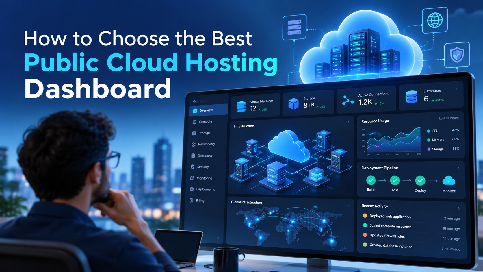 Illustration of a public cloud hosting dashboard managing applications, deployments, and cloud infrastructure across AWS, Azure, and DigitalOcean.