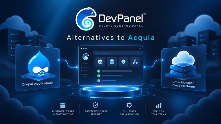 Alternatives to Acquia featured image showing DevPanel as an application orchestration layer for Drupal applications and customer-owned cloud infrastructure.