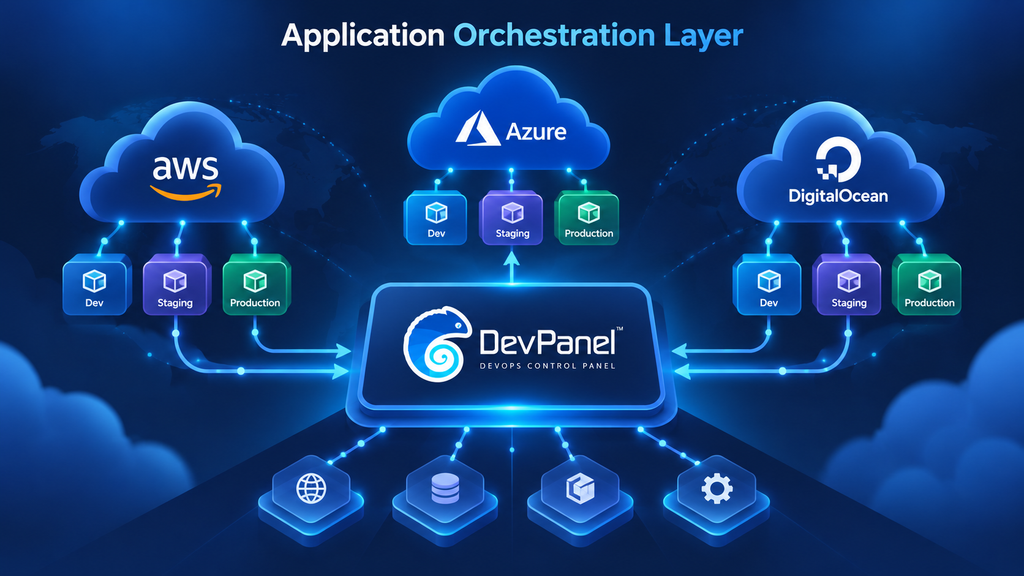 Best Cloud Hosting Dashboard for Managing Sites Across AWS, Azure, and DigitalOcean 3 DevPanel application orchestration layer managing development, staging, and production environments across AWS, Azure, and DigitalOcean.