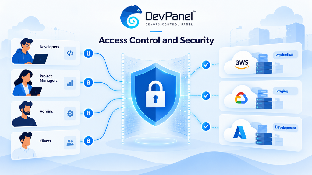 Best Cloud Hosting Dashboard for Managing Sites Across AWS, Azure, and DigitalOcean 4 DevPanel access control image showing developers, project managers, admins, and clients securely connecting to cloud environments through role-based permissions.